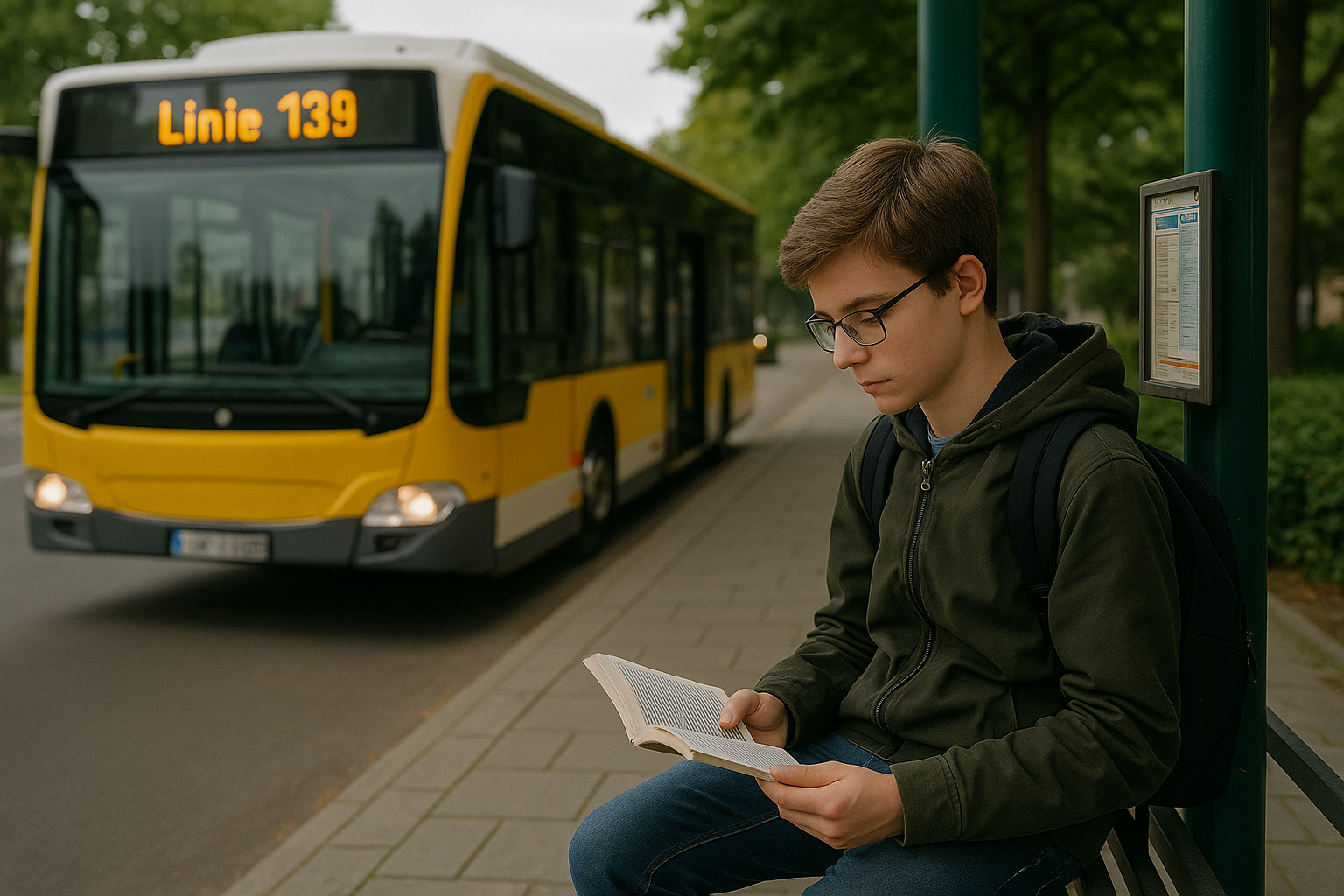 Ich fahre mit dem Bus zur Schule Foto