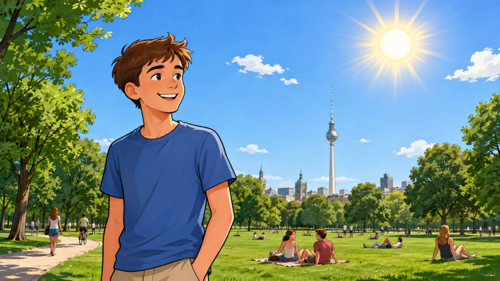 Jonas steht an einem sonnigen Tag in einem Park in Berlin.
