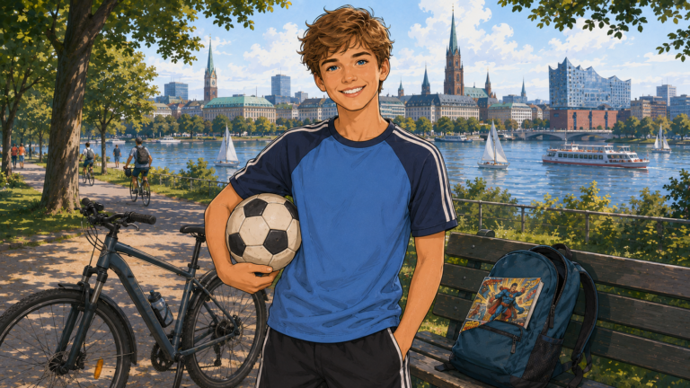 Noah Klein steht mit einem Fahrrad und einem Fußball in einem Park in Hamburg.