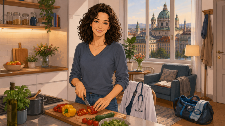 Mara Hoffmann kocht in ihrer Wohnung in Wien. Ein Buch und Schwimmsachen zeigen ihre Hobbys.