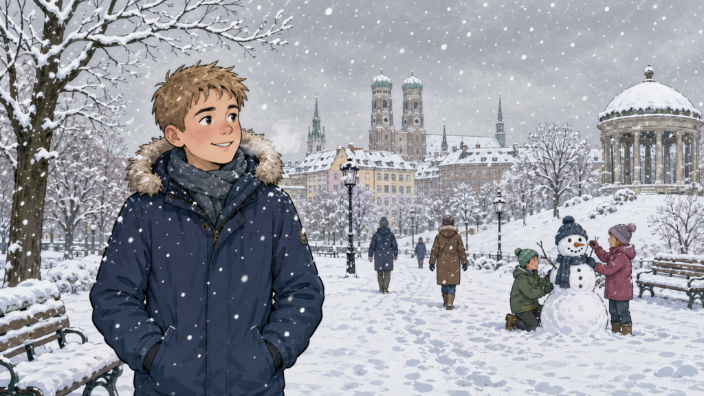 Ben steht an einem verschneiten Wintertag in einem Park in München.