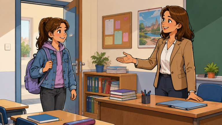 Ein neuer Schüler stellt sich seiner Lehrerin Frau Berger vor.