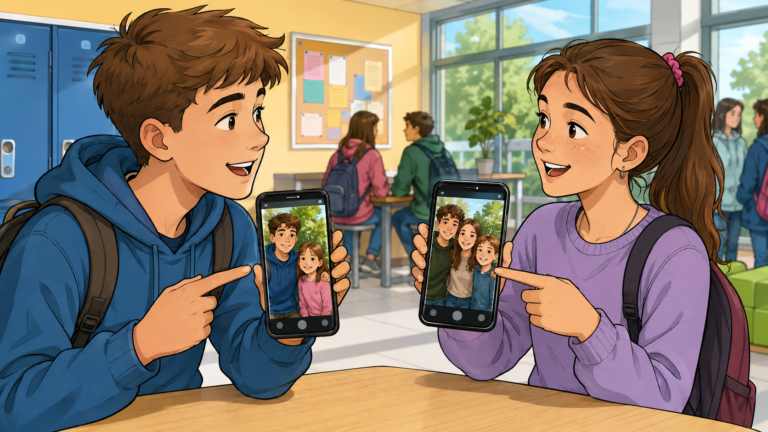 Zwei Jugendliche zeigen einander Familienfotos auf ihren Smartphones.