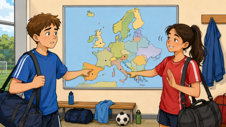 Zwei Jugendliche korrigieren in einem internationalen Sportcamp eine falsche Vermutung über das Herkunftsland.
