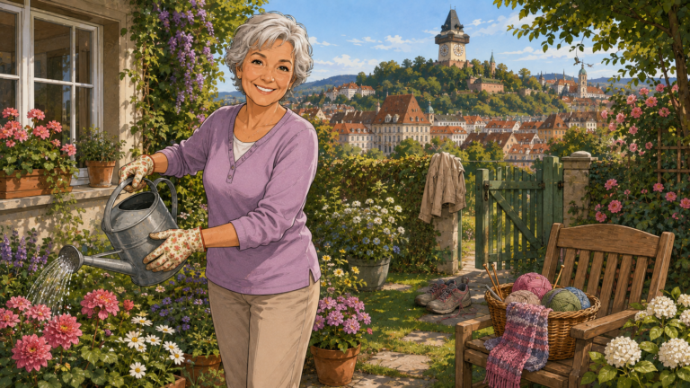 Rosa Meier arbeitet in ihrem Garten. Stricksachen und Wanderschuhe zeigen ihre Hobbys.