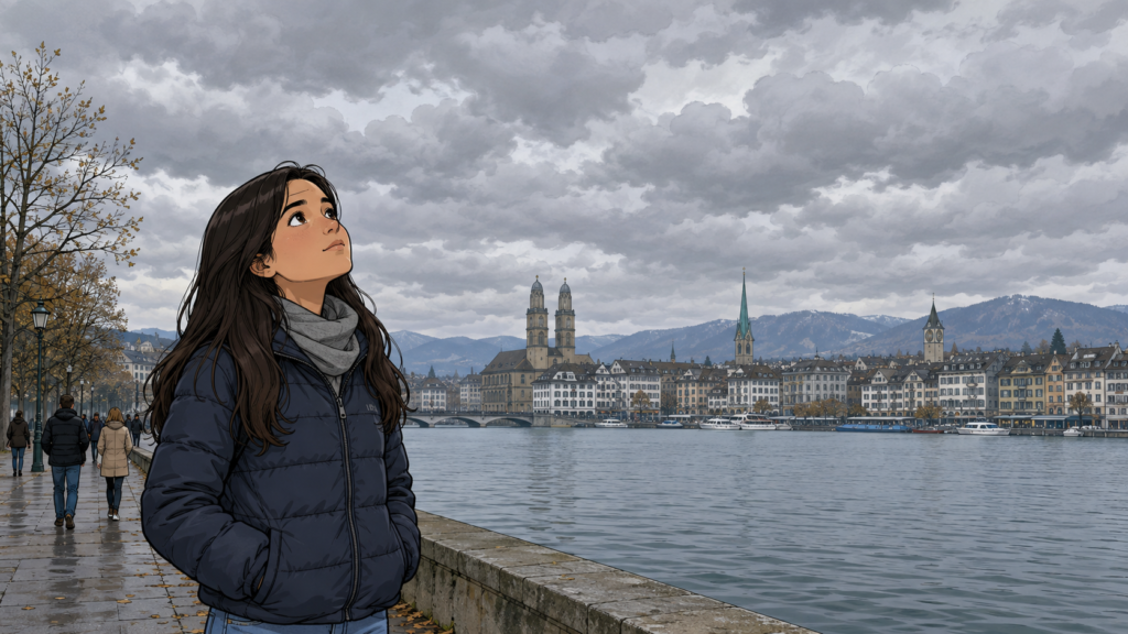 Sofia steht an einem bewölkten und kühlen Tag am Zürichsee.