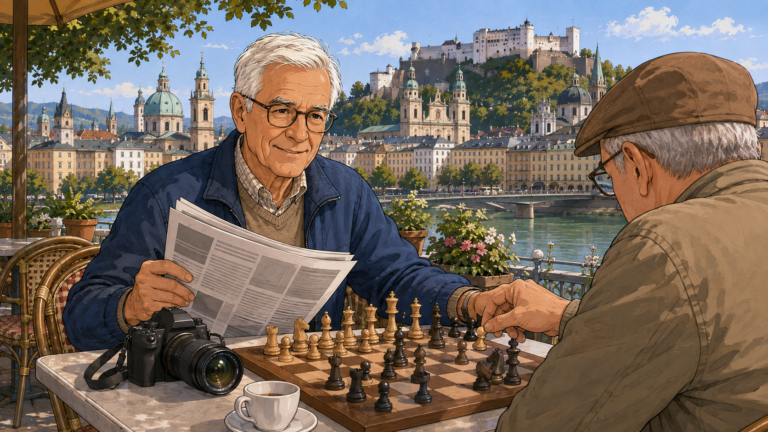 Karl Meier spielt in einem Café in Salzburg Schach. Eine Kamera und eine Zeitung zeigen seine weiteren Hobbys.
