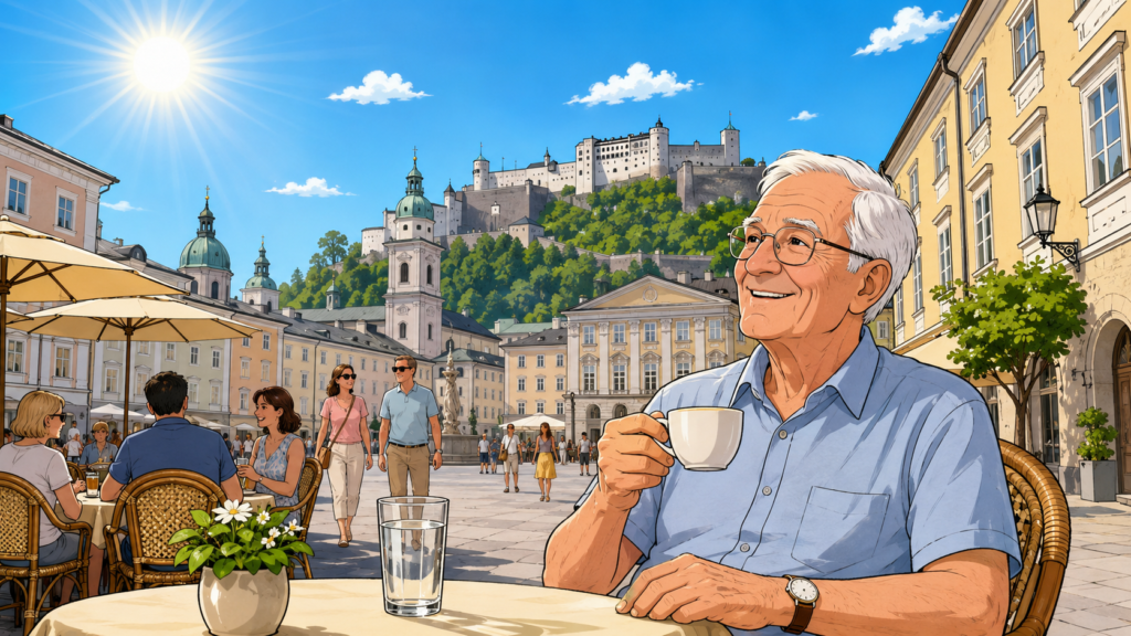 Karl sitzt an einem sonnigen und warmen Tag in einem Café in Salzburg.