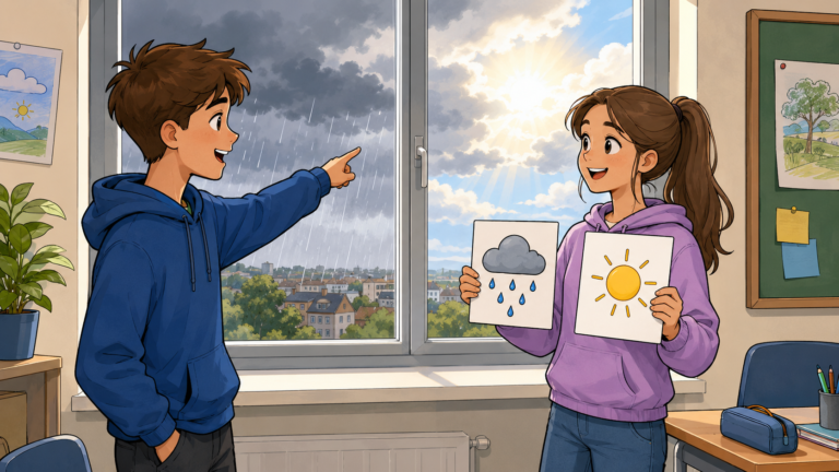 Zwei Jugendliche sprechen im Klassenzimmer über das Wetter am Morgen und am Nachmittag.