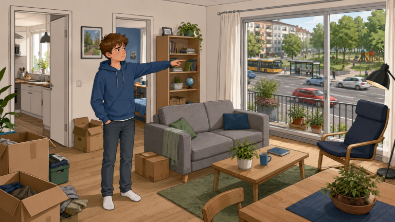 Jonas steht zwischen Umzugskartons in der neuen Wohnung seiner Familie.