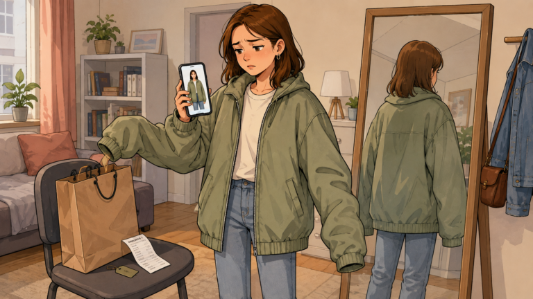Sophie probiert zu Hause eine zu große Jacke an und betrachtet sie im Spiegel.