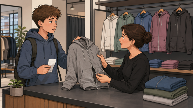 Ein Jugendlicher reklamiert einen Pullover mit kaputtem Reißverschluss in einem Kleidungsgeschäft.