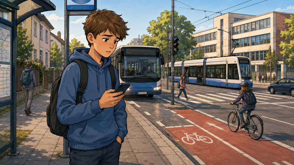 Noah wartet mit seinem Schulrucksack an einer Bushaltestelle.