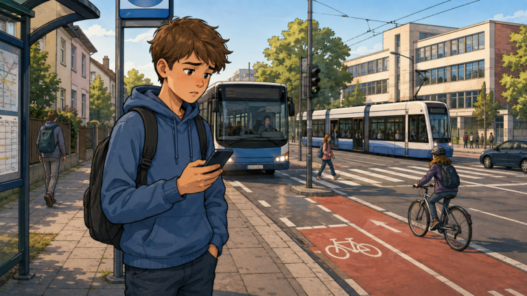 Noah wartet mit seinem Schulrucksack an einer Bushaltestelle.