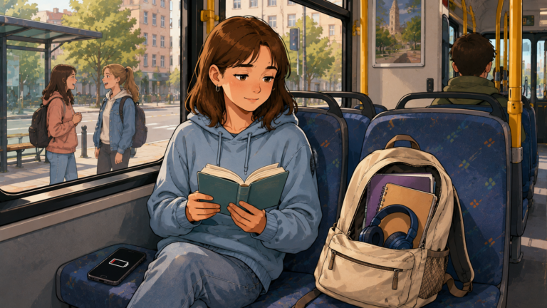 Emma liest im Bus, während ihr Handy keinen Akku mehr hat.