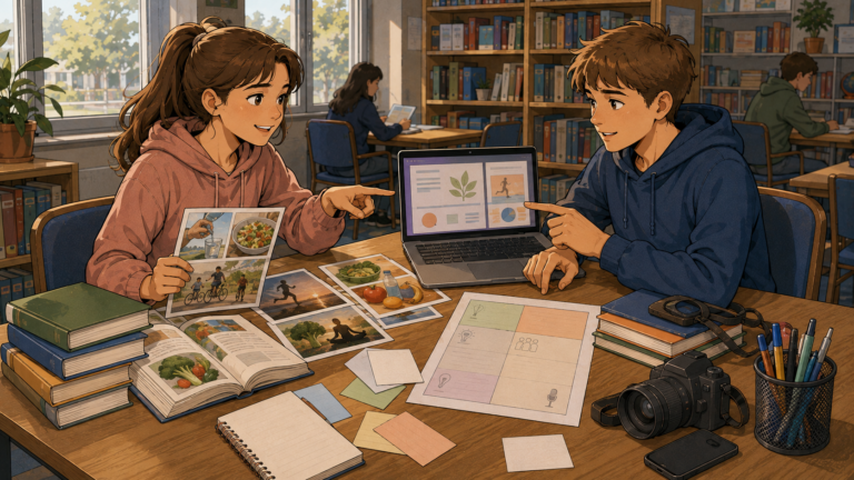 Zwei Jugendliche planen gemeinsam eine Schulpräsentation in der Bibliothek.
