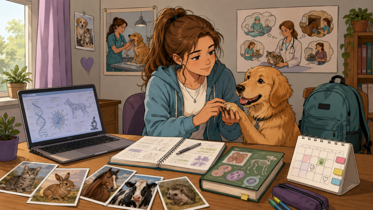Lina beschäftigt sich mit einem Hund und denkt über ihren Wunschberuf als Tierärztin nach.