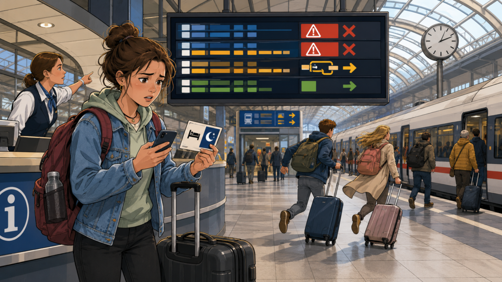 Mia sucht nach einer neuen Zugverbindung, nachdem ihre Reise anders als geplant verlaufen ist.
