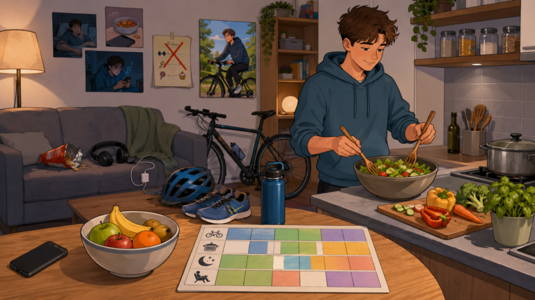 Felix bereitet ein gesundes Abendessen vor und denkt über seine neuen Alltagsgewohnheiten nach.