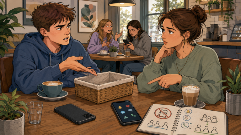 Zwei Freunde diskutieren im Café darüber, wie sie Smartphones bei gemeinsamen Treffen benutzen wollen.