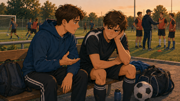 Lukas spricht nach dem Training ernst mit seinem enttäuschten Freund Timo.