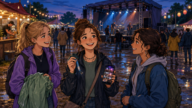 Elena steht nach einem besonderen Open-Air-Festival mit ihren Freunden vor der Bühne.