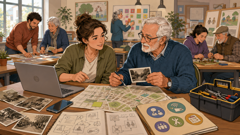 Lea und Martin arbeiten gemeinsam an einem Nachbarschaftsprojekt und bringen unterschiedliche Erfahrungen ein.