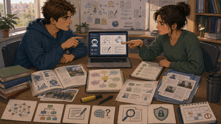 Zwei Studierende diskutieren über Regeln für den Einsatz künstlicher Intelligenz in einem gemeinsamen Projekt.