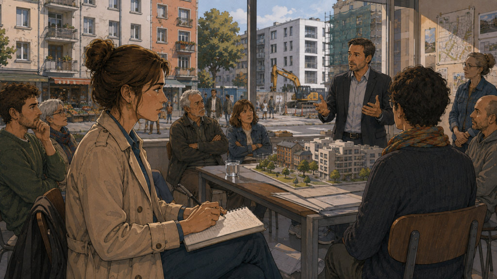 Miriam beobachtet eine öffentliche Diskussion, in der ein Stadtentwicklungsprojekt sehr unterschiedlich beschrieben und bewertet wird.