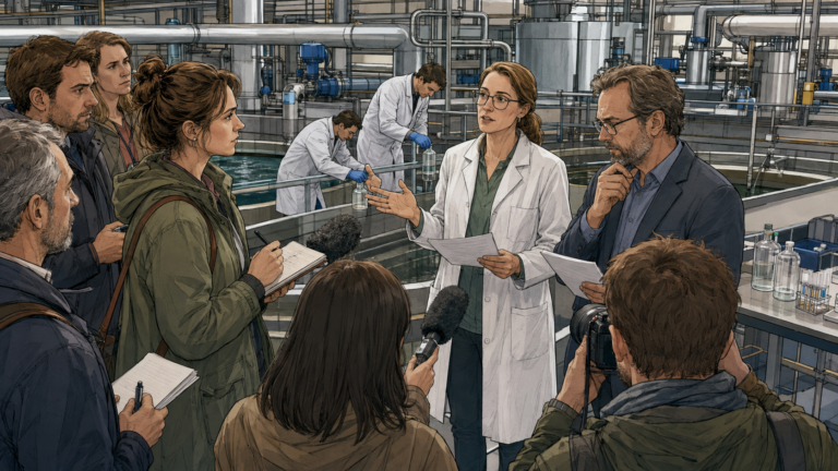 Hannah verfolgt eine Pressekonferenz, bei der Fachleute unterschiedliche Ergebnisse zur Wasserqualität erklären.