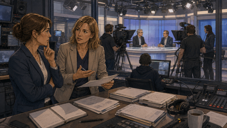 Zwei Journalisten planen vor einer Fernsehsendung, wie ein wissenschaftlicher Expertenstreit verantwortungsvoll dargestellt werden soll.