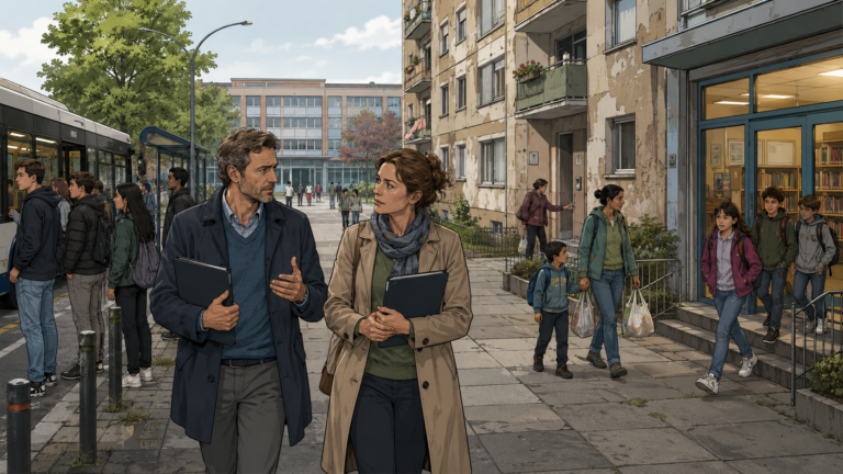 Zwei Mitglieder einer kommunalen Arbeitsgruppe diskutieren in einem Stadtviertel über Bildungsförderung, Wohnsicherheit und soziale Infrastruktur.