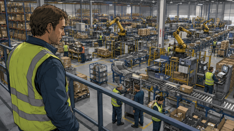 Thomas beobachtet in einem Logistikzentrum, wie automatisierte Systeme und menschliche Beschäftigte unterschiedliche Aufgaben übernehmen.