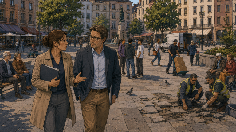 Eine Beteiligungskoordinatorin und ein gewählter Bezirksvertreter diskutieren auf einem Stadtplatz darüber, wer bei dessen Neugestaltung mitentscheiden soll.