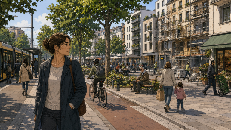 Maja beobachtet in einem umgestalteten Stadtviertel, wie Klimaschutz, Lebensqualität und unterschiedliche soziale Interessen zusammenwirken.
