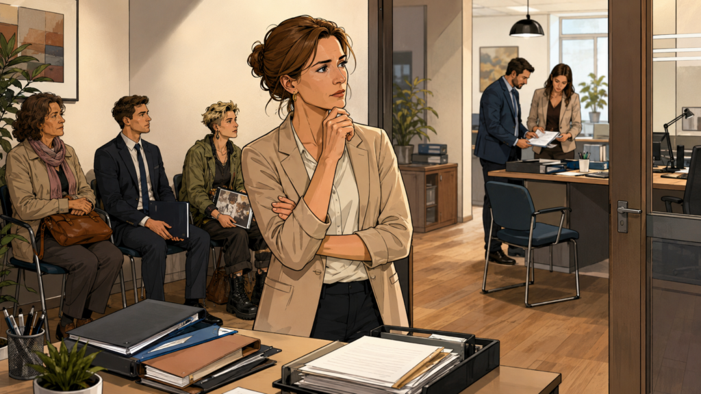 Nora beobachtet Bewerber vor Vorstellungsgesprächen und reflektiert über die Grenzen automatisierter Personalauswahl.