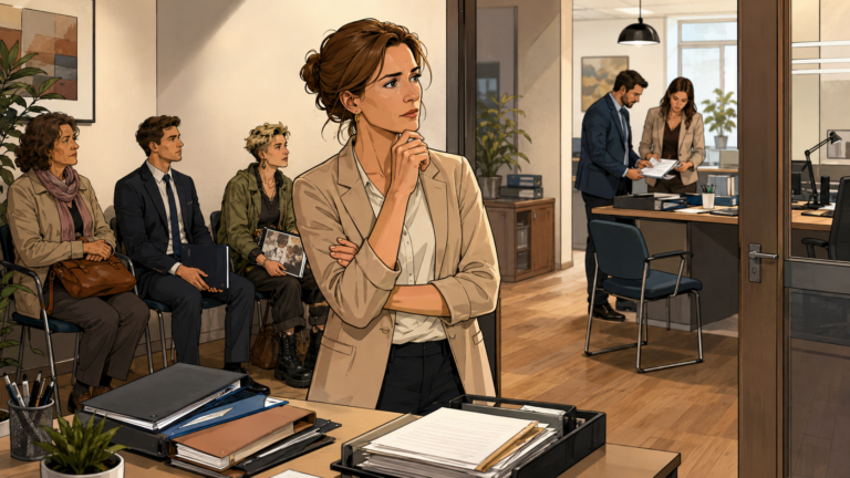 Nora beobachtet Bewerber vor Vorstellungsgesprächen und reflektiert über die Grenzen automatisierter Personalauswahl.