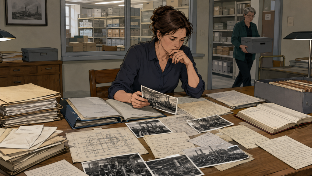 Eine Historikerin vergleicht im Archiv widersprüchliche Quellen zu einem früheren Industrieunfall.