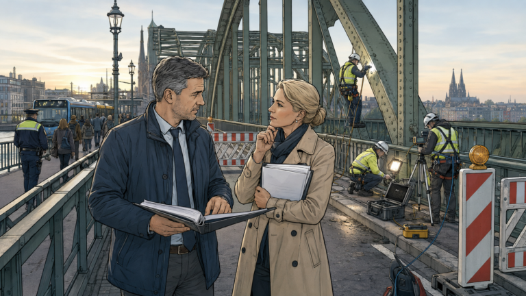 Ein leitender Ingenieur und eine Kommunikationsverantwortliche beraten an einer vorsorglich gesperrten Brücke über den Umgang mit noch ungeklärten Risiken.