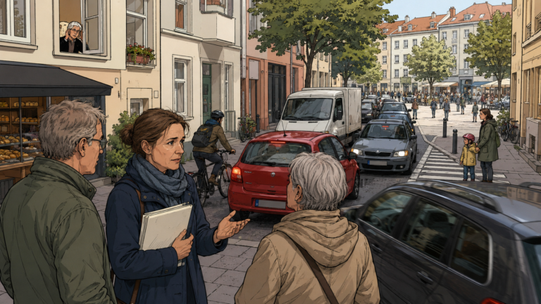 Eine Verkehrsplanerin spricht mit Bewohnern einer Straße, die durch eine frühere Verkehrsentscheidung unerwartet stärker belastet wurde.