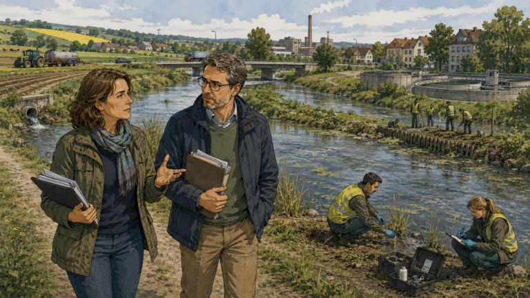 Zwei Vertreter diskutieren an einem ökologisch belasteten Fluss darüber, wie Verantwortung für viele kleine Beiträge zu einem gemeinsamen Schaden verteilt werden soll.