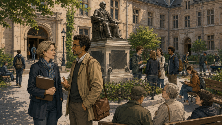 Zwei Mitglieder einer Universitätskommission diskutieren vor einem umstrittenen historischen Denkmal über Bewahrung, Kontextualisierung und öffentliche Ehrung.