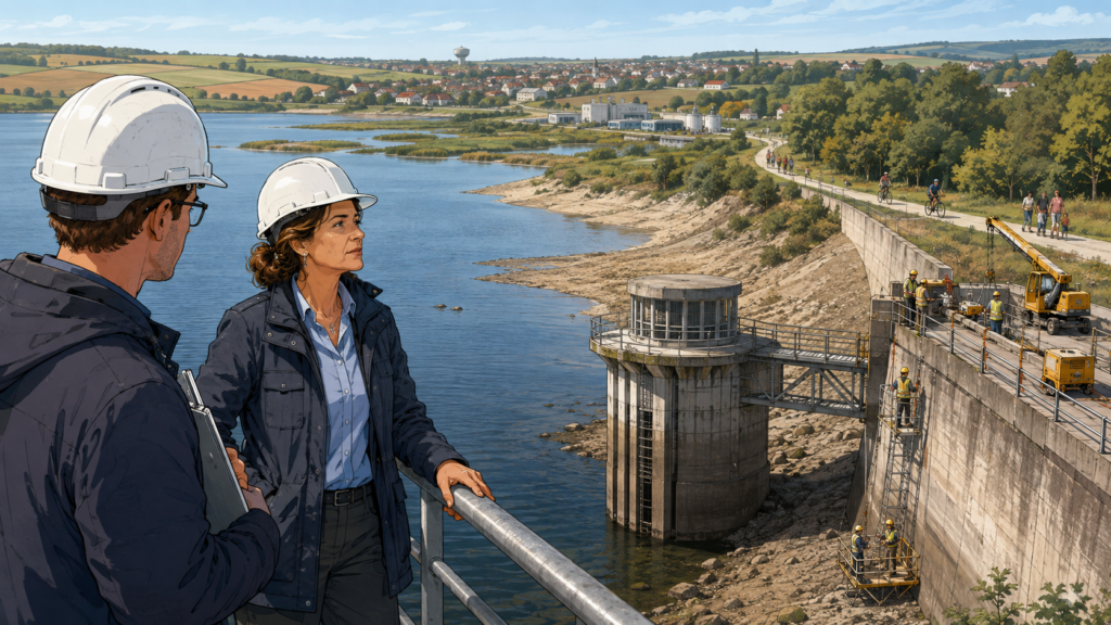 Helena betrachtet an einem Reservoir eine langfristige Infrastrukturentscheidung, deren Kosten heute und deren Nutzen teilweise erst künftige Generationen betreffen.