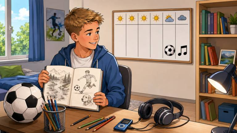 Ben steht in seinem Zimmer mit einem Fußball, Kopfhörern, einem Zeichenblock und Büchern.