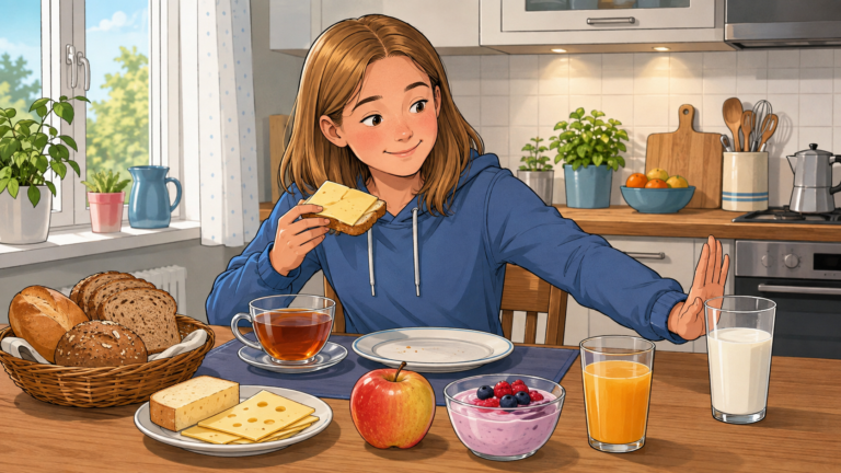 Anna sitzt in einer Küche am Frühstückstisch mit Brot, Käse, Obst, Joghurt und verschiedenen Getränken.