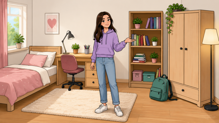 Emma zeigt ihr kleines helles Zimmer mit Bett, Schreibtisch, Schrank, Regal und Büchern.