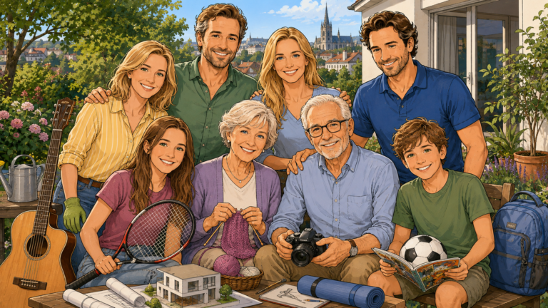 Die acht Mitglieder der großen Familie Schneider stehen gemeinsam im Garten.