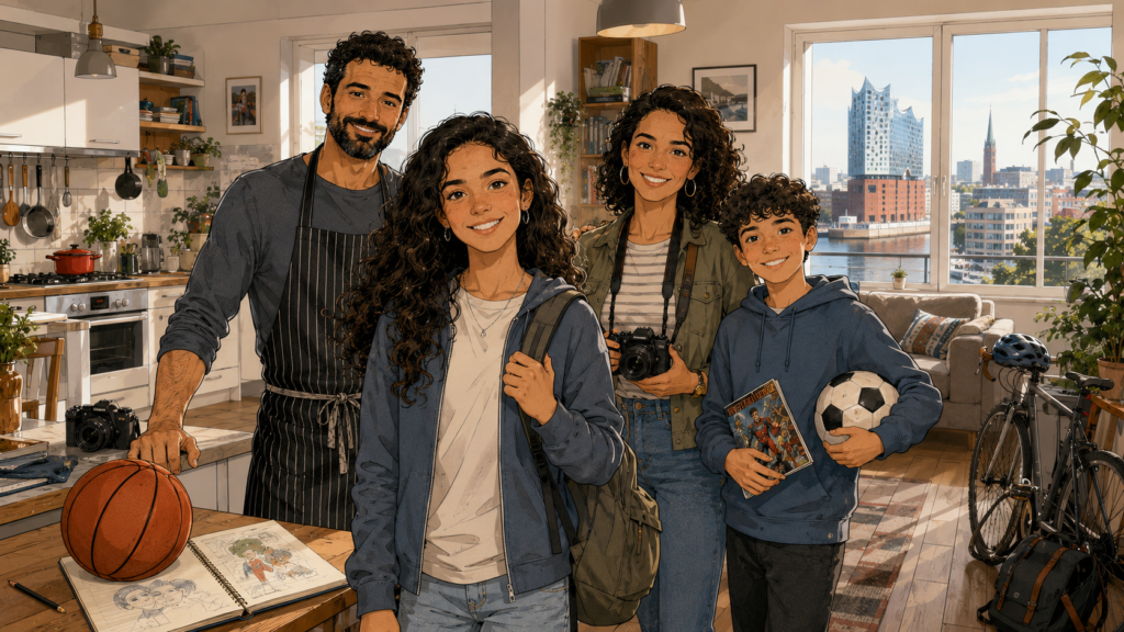Die Familie Costa zusammen in ihrer Wohnung in Hamburg.